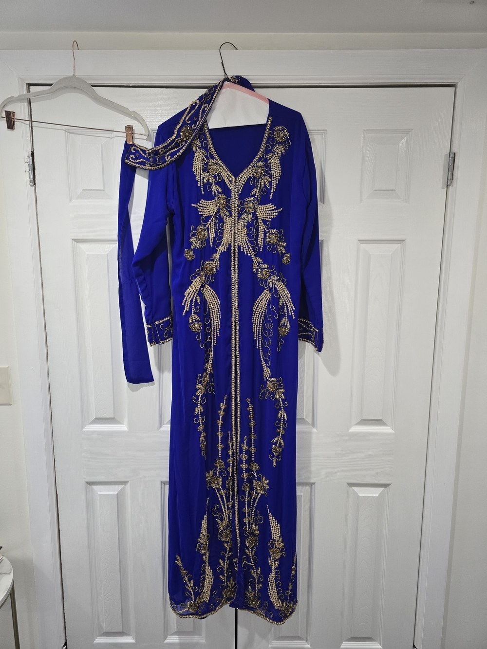 Embroidered Royal Blue Evening Dress with Gold Accents